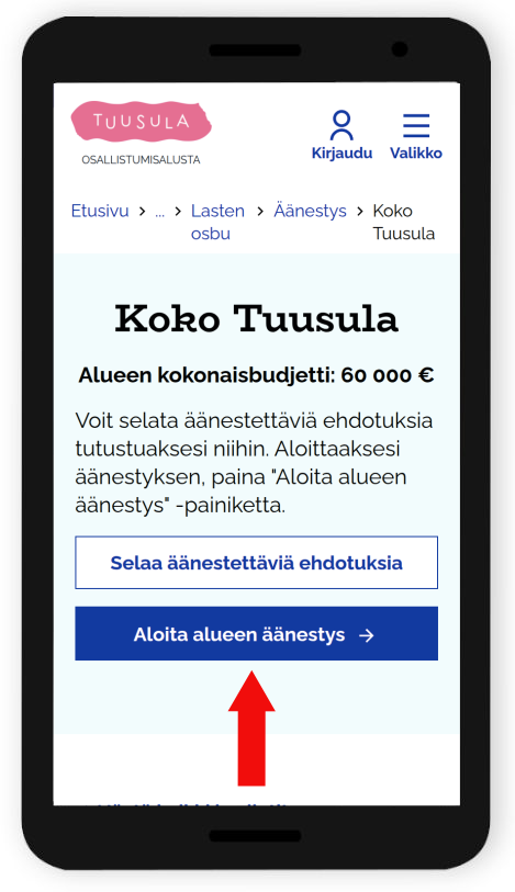 Aloita alueen äänestys-painike alueen sivulla mobiililla