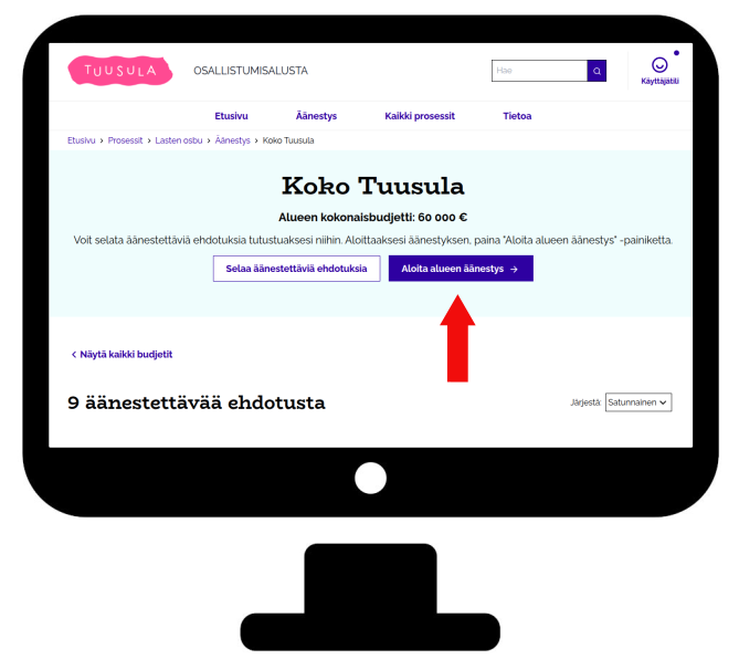 Aloita alueen äänestys-painike alueen sivulla tietokoneella